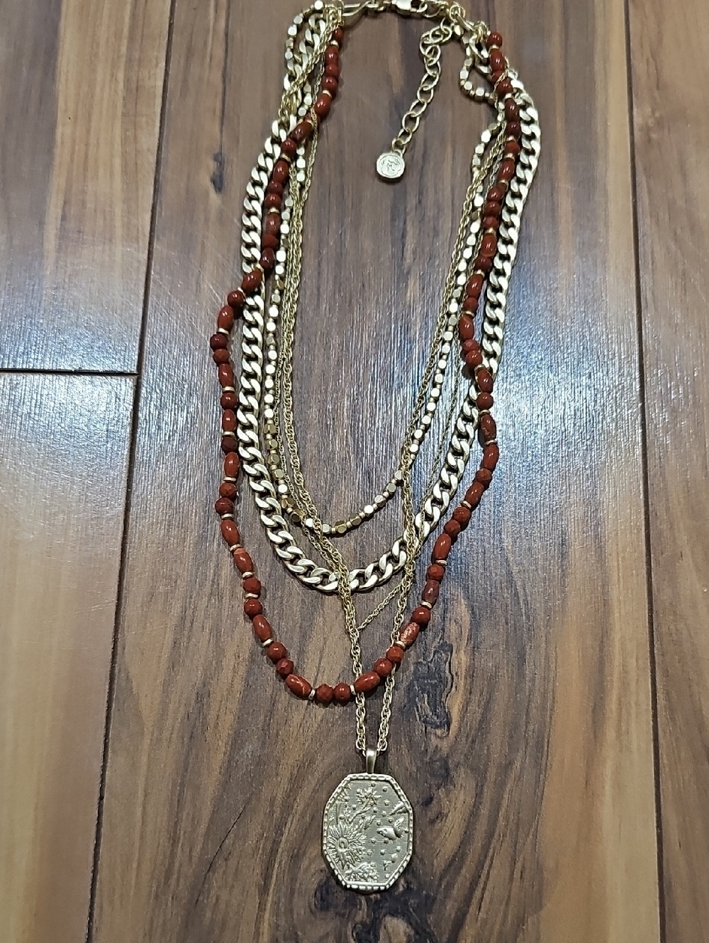 Spartina 449 Layered Gold & Red Beaded Pendant Necklace